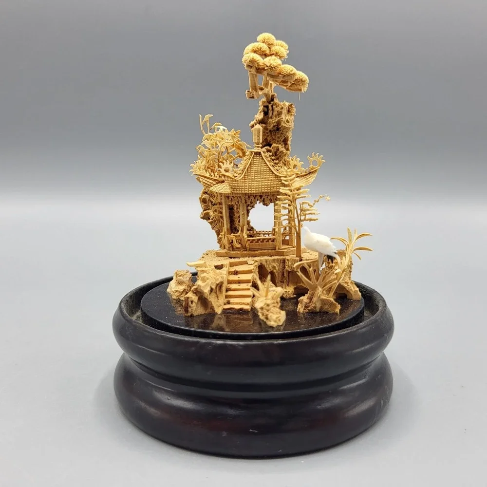 Vtg Chinese Carved Cork Diorama Glass Dome Dark Wood Base Small Shelf Decor READ